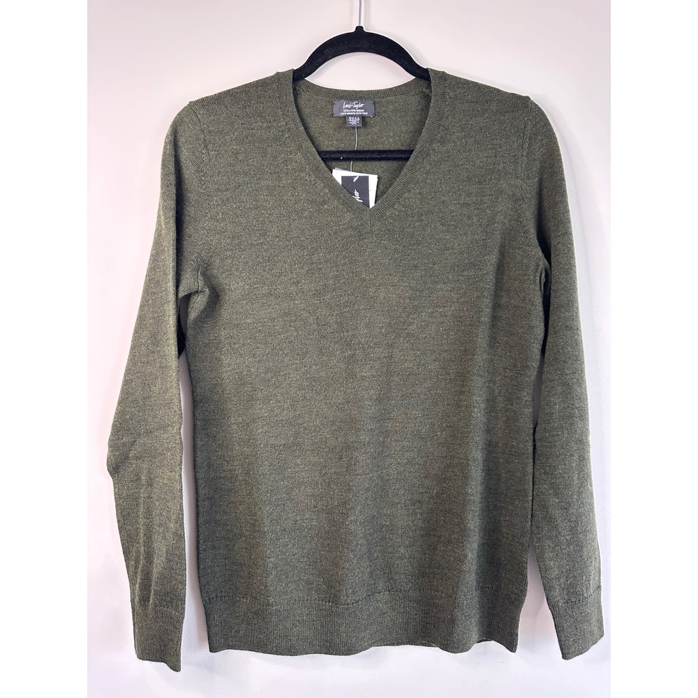 Lord & Taylor Extra Fine Merino Wool V-Neck Sweater Moss Heather Green Small NEW